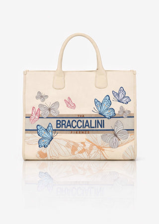 Borsa a Mano Tote Braccialini Jacquard Beige Butterfly