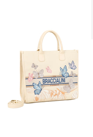 Borsa a Mano Tote Braccialini Jacquard Beige Butterfly